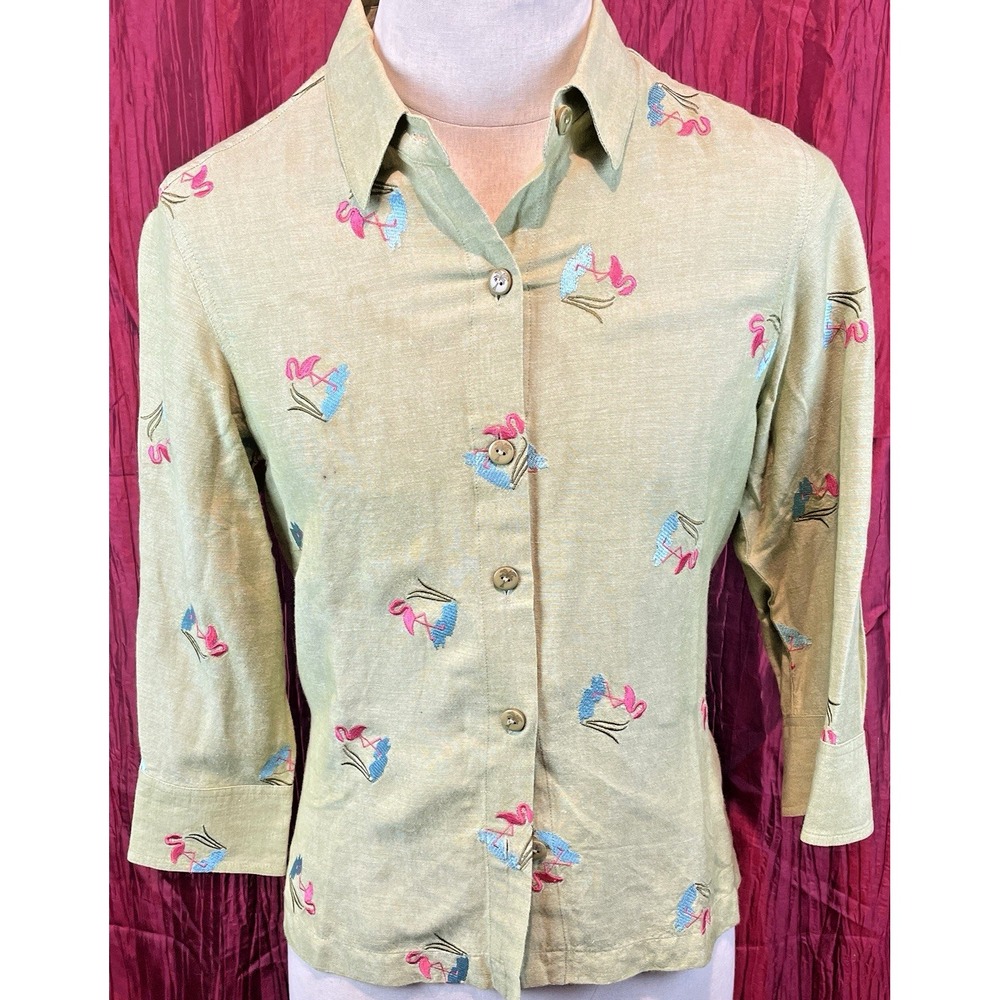 Hearts Of Palm Linen/Rayon Green SS Shirt w Embroidered Flamingos sz 10